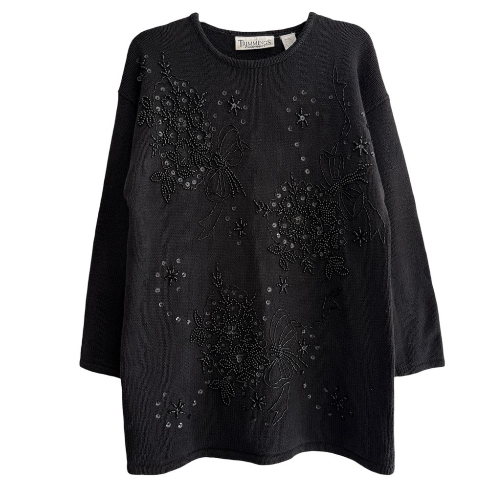 Vintage Trimmings Black Floral Beaded Knit Sweater Size S Dark Cottagecore 90s